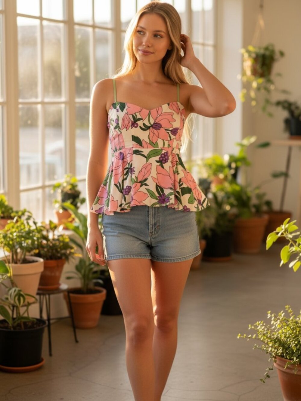 Banjanan Pink Floral Sleeveless Top with Green and Purple Details
